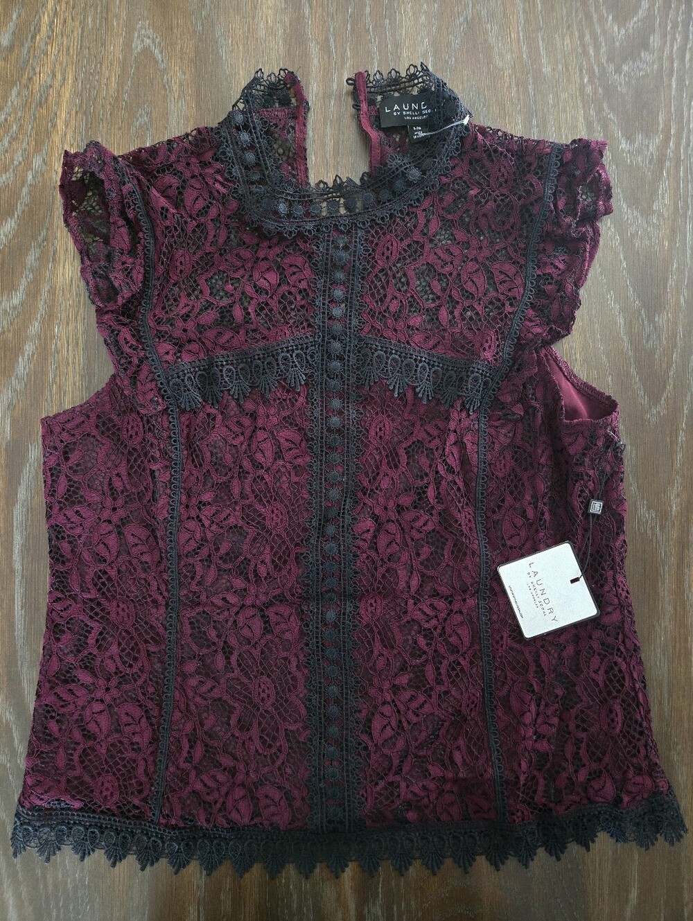 🥰LAUNDRY BY SHELLI SEGALl Burgundy Lace Top with Black Trim For Women
